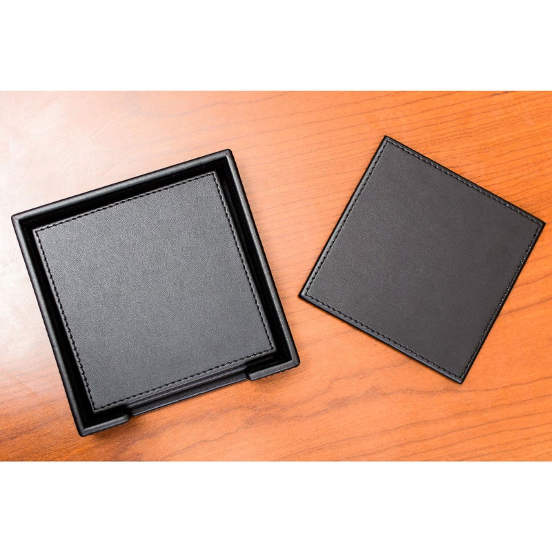 Dacasso Black Leatherette 4 Square Coaster Set with Stitched Edging and Holder - Image 3